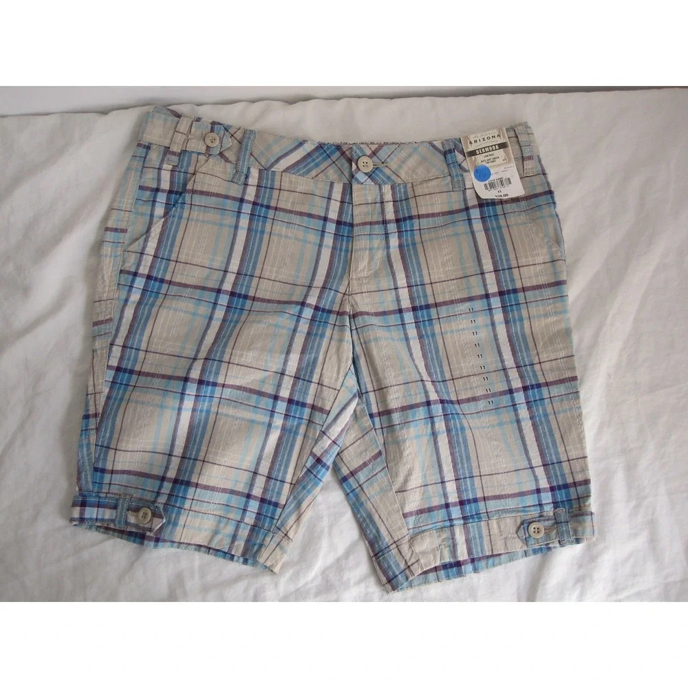 NEW Arizona Bermuda Blue Khaki Purple Plaid Checkered Shorts sz 11 Low Rise Cute